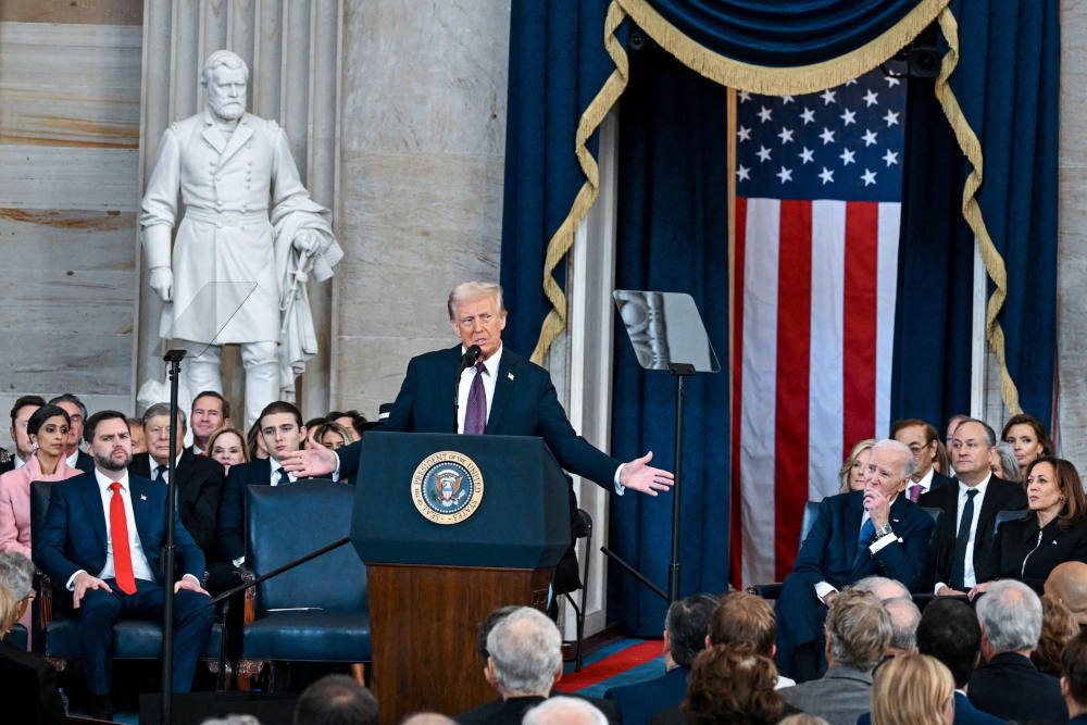 U.S. President Donald J. Trump speaks after being sworn in during his inauguration as the 47th president of the United States inside the Rotunda of the U.S. Capitol building in Washington Jan. 20, 2025. (OSV News photo/Kenny Holston, pool via Reuters)