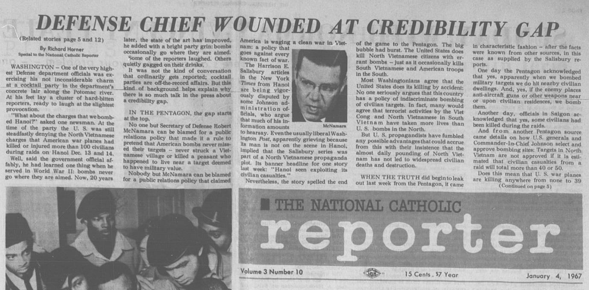 Seymour Hersh's article on Robert McNamara appeared on Page 1 of the Jan. 4, 1967, issue of the National Catholic Reporter. The story was published under a pseudonym. (NCR screenshot)