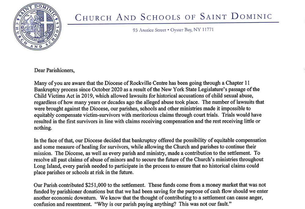 A letter to parishioners from Msgr. Thomas Coogan, pastor of the Church of St. Dominic in Oyster Bay, New York, is pictured in this screengrab. A link to the full letter is below. (NCR screengrab/Courtesy of John Salveson)