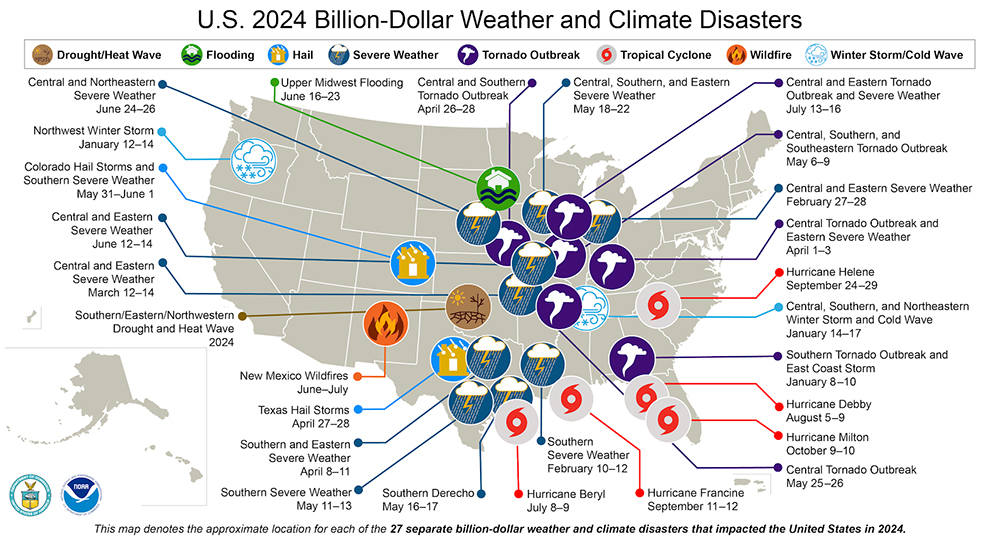 A map of the U.S. plotted with 27 weather and climate disasters each costing $1 billion or more that occurred between January and December 2024. (NOAA/NCEI)