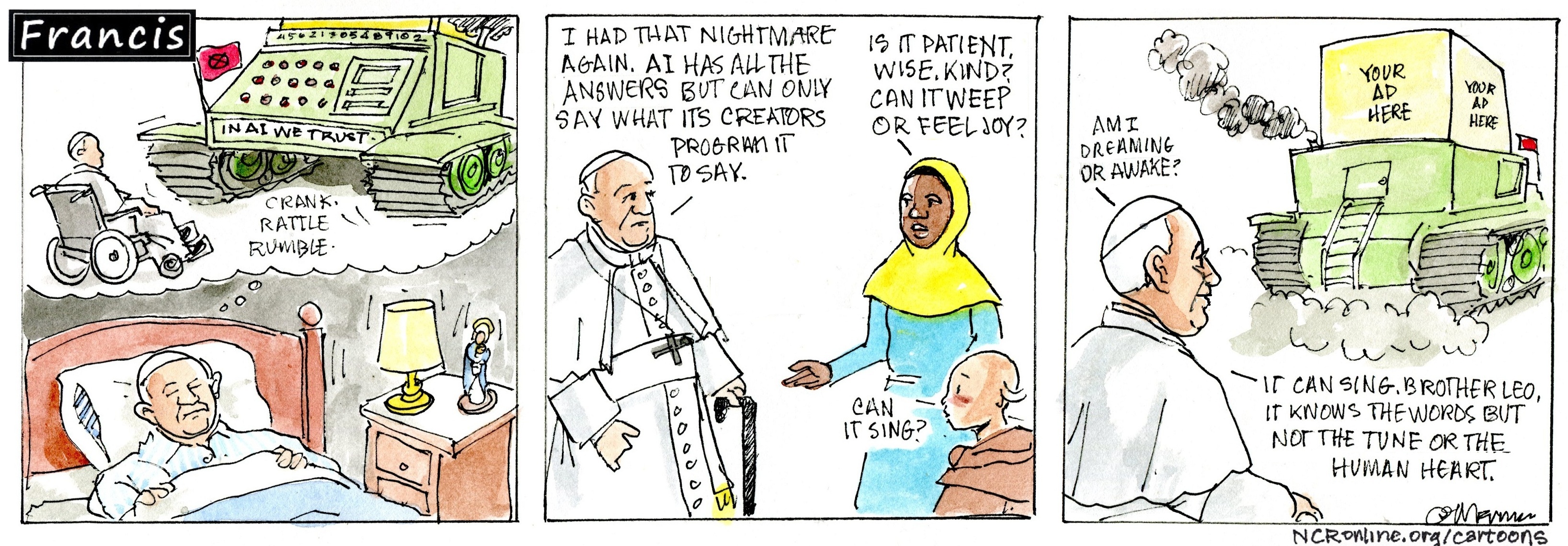 Francis, the comic strip: Francis wonders about the capabilities of artificial intelligence, and its lack of human emotion.