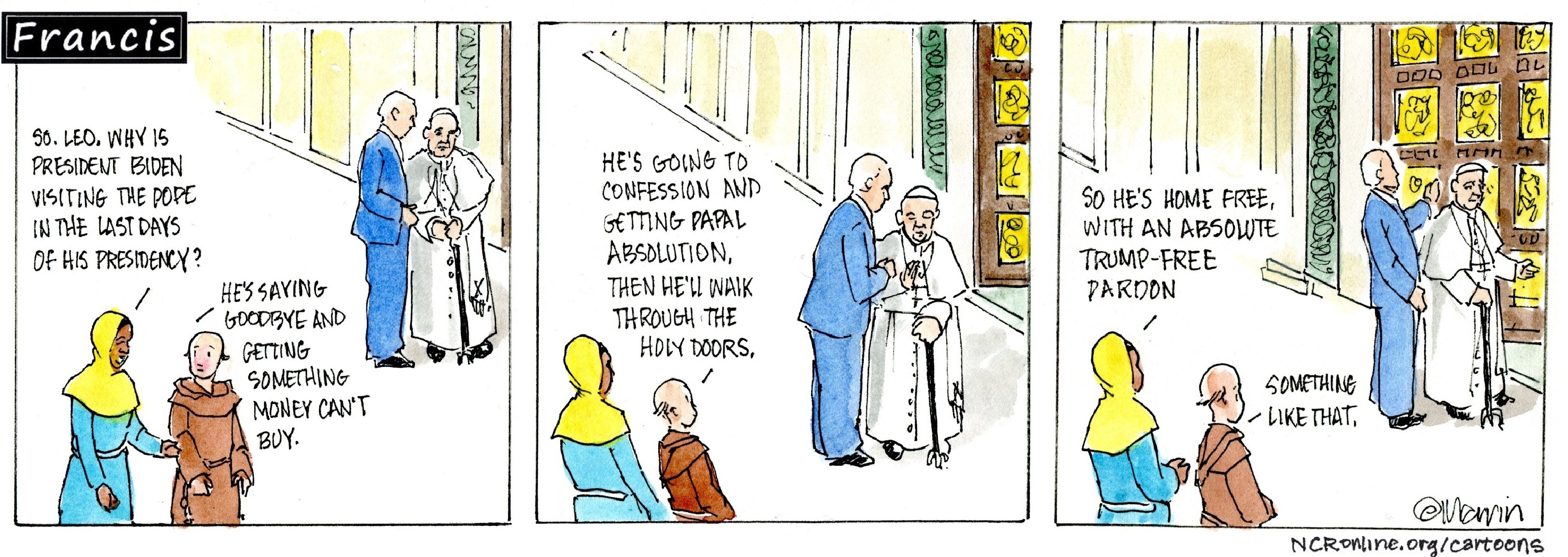 Francis, the comic strip: President Joe Biden goes to Rome to visit with Pope Francis.