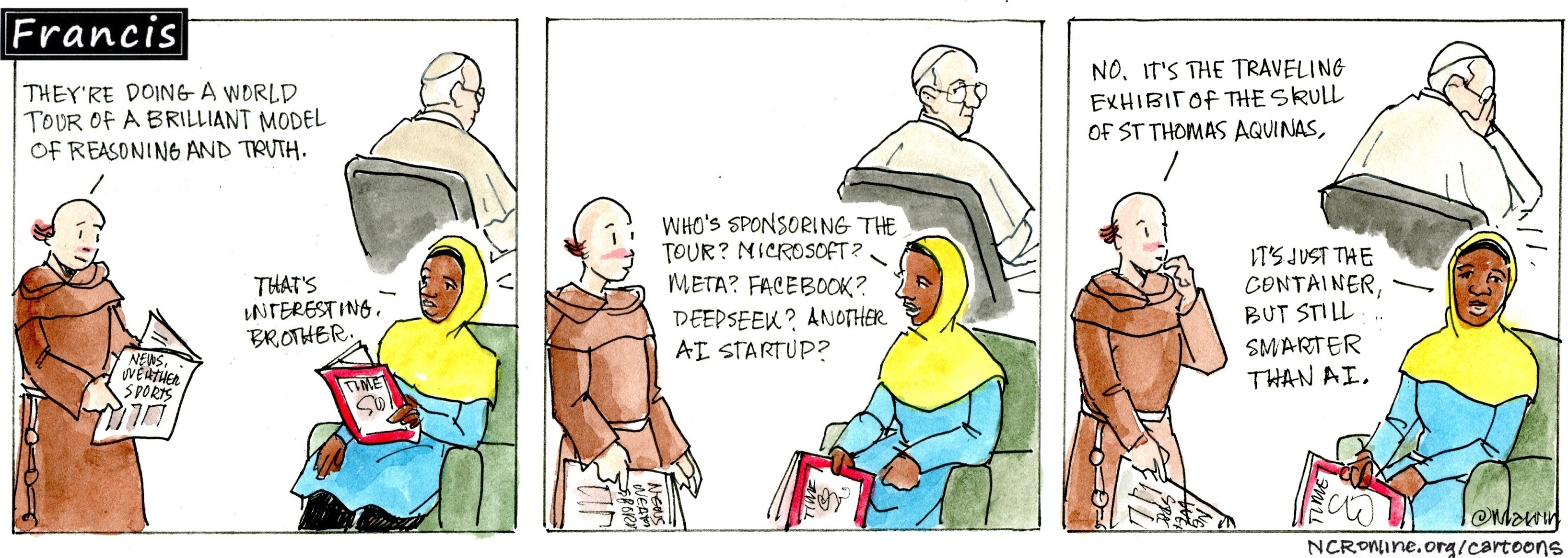 Francis, the comic strip: A brilliant model of reasoning and truth is touring the world.