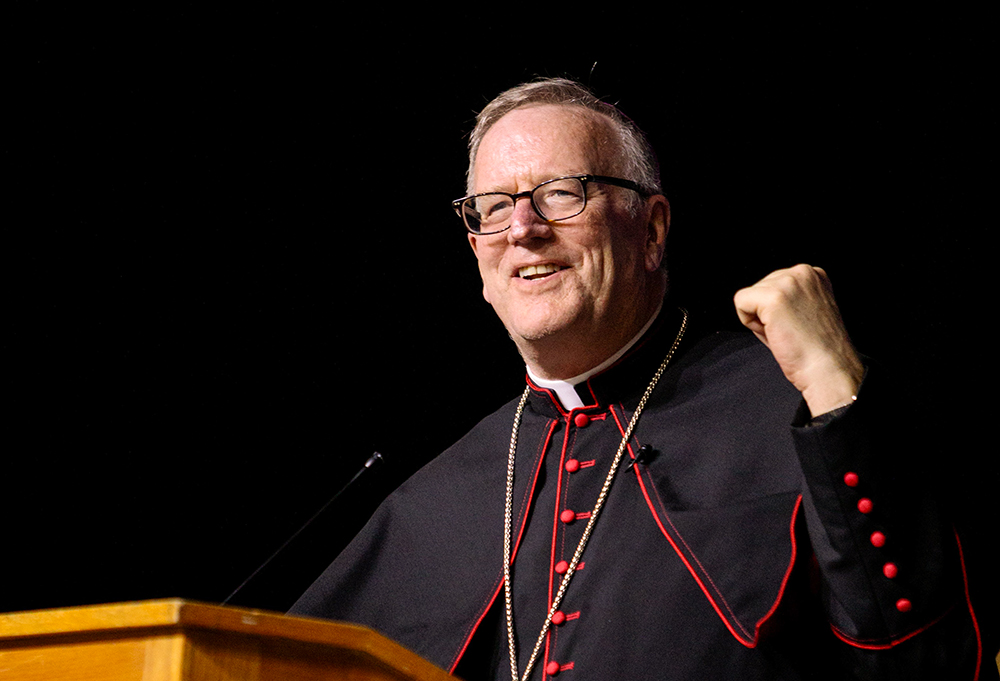 Bishop Robert Barron of Winona-Rochester, Minn., speaks at the Star of the North Eucharistic Congress at the Sanford Center in Bemidji, Minn., May 18, 2024. (OSV News/Courtney Meyer)