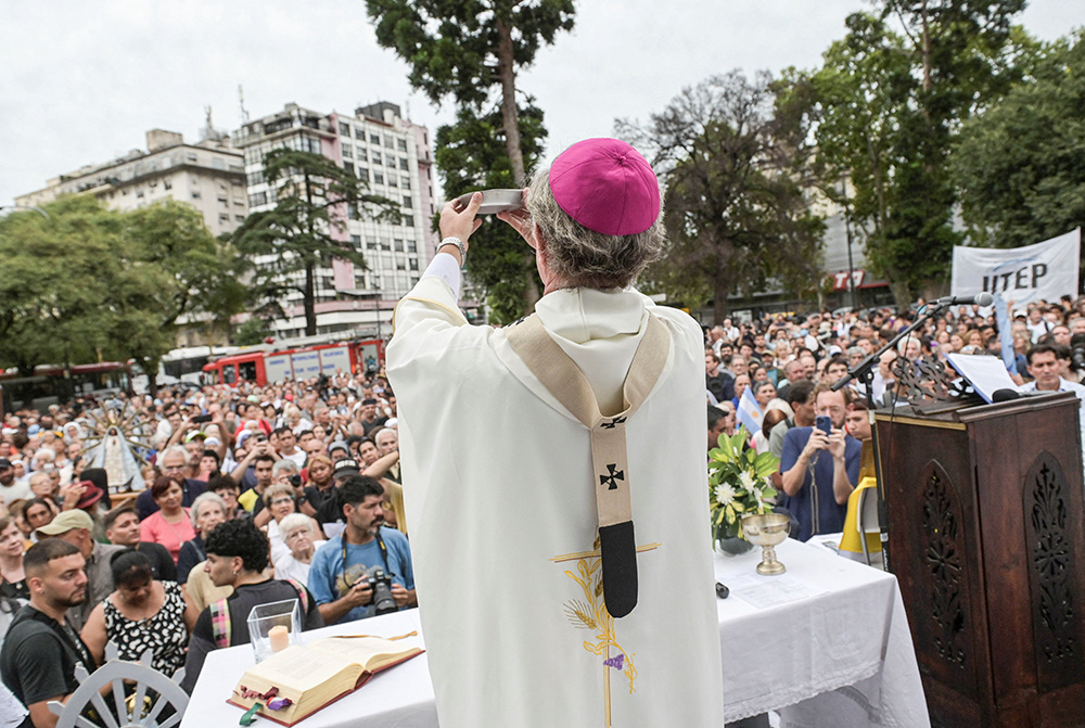 Archbishop Jorge Ignacio García Cuerva of Buenos Aires, Argentina, celebrates an outdoor Mass in Plaza Constitucion Feb. 24, 2025, to pray for the health and speedy recovery of Pope Francis. (OSV News/Reuters/Martin Cossarini)