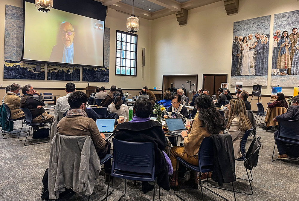 Jesuit Cardinal Michael Czerny, prefect of the Vatican's Dicastery for Promoting Integral Human Development, delivers a keynote address via video at the event “Synodality in America: People on the Move, Dialogue, and New Contexts,” a Portman Endowment eathering of the Ecclesia in America Network held at the University of San Diego. (Luis Donaldo González)