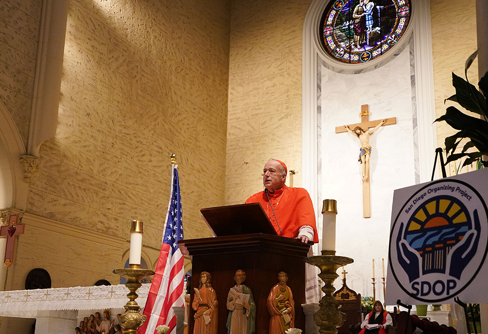 San Diego Cardinal Robert McElroy speaks during a prayer service for immigrants at St. Joseph Cathedral in San Diego on Feb. 9. (NCR photo/Chris Stone)