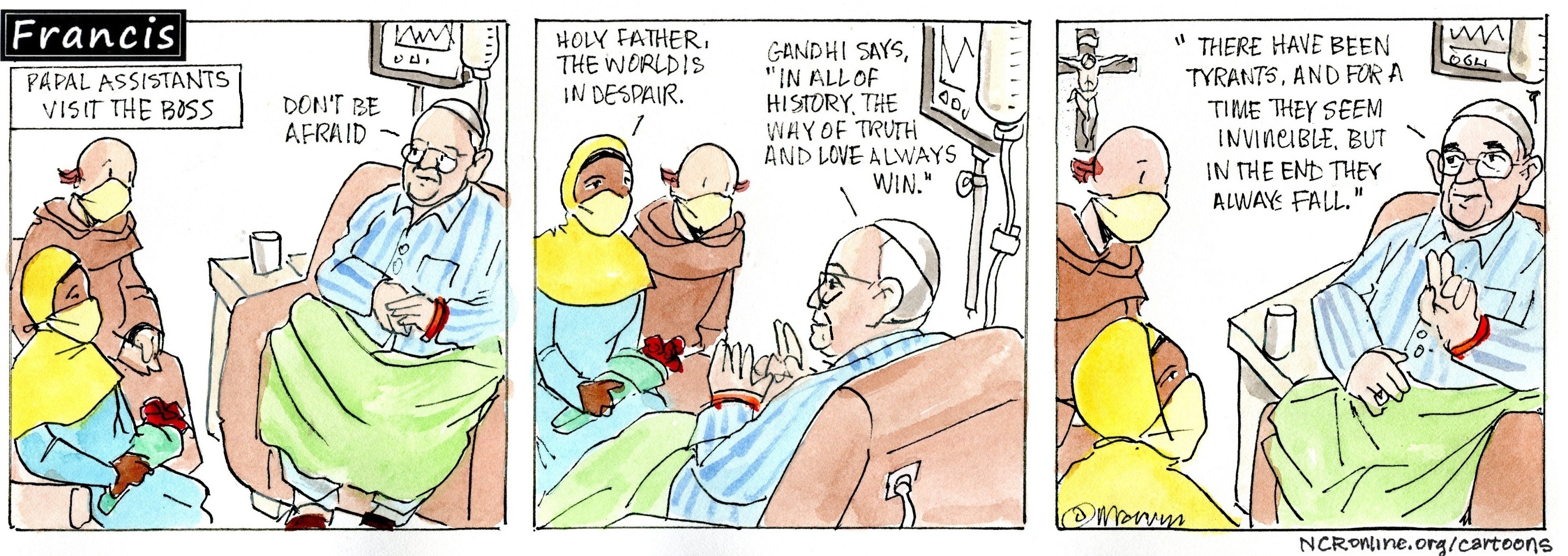 Francis, the comic strip: The papal assistants visit the boss in the hospital.