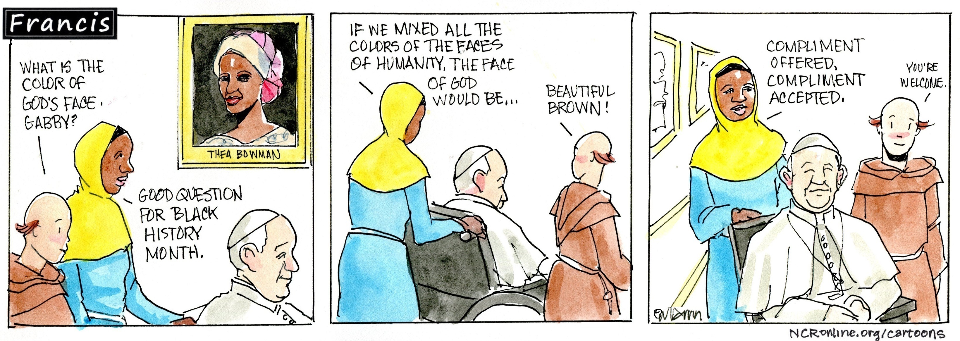 Francis, the comic strip: What is the color of God's face?