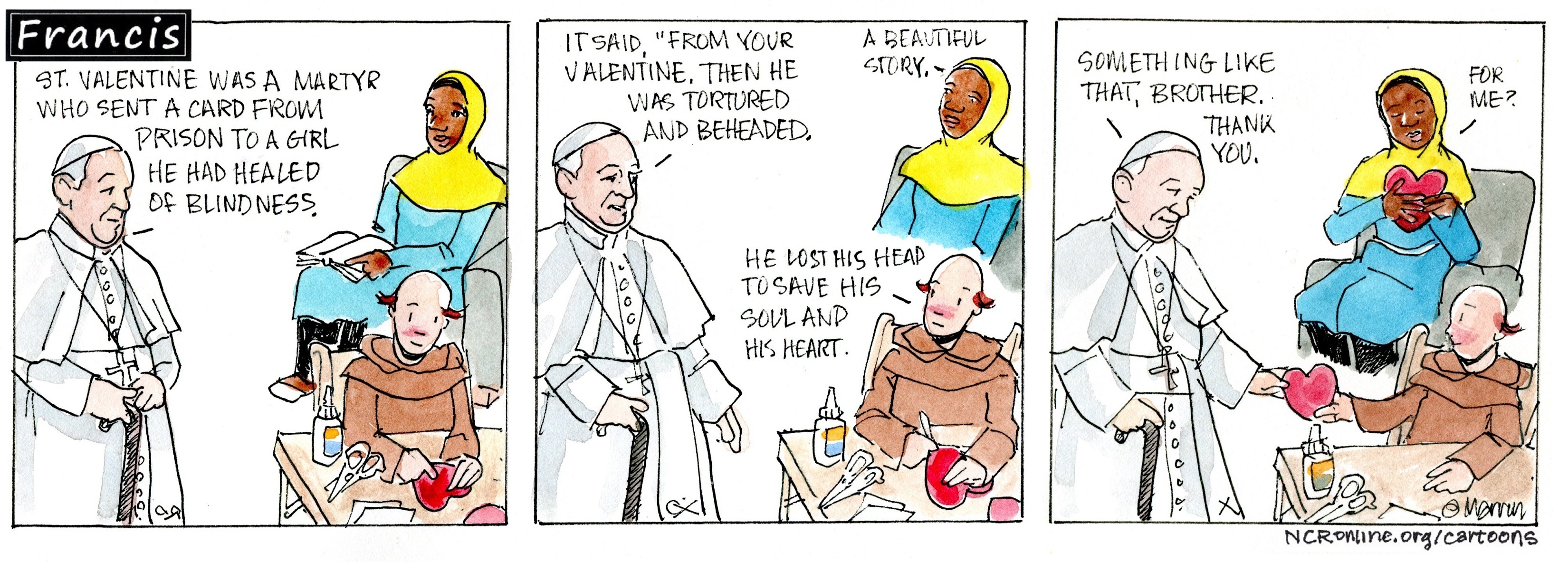 Francis, the comic strip: Francis tells Brother Leo and Gabby the story of St. Valentine.