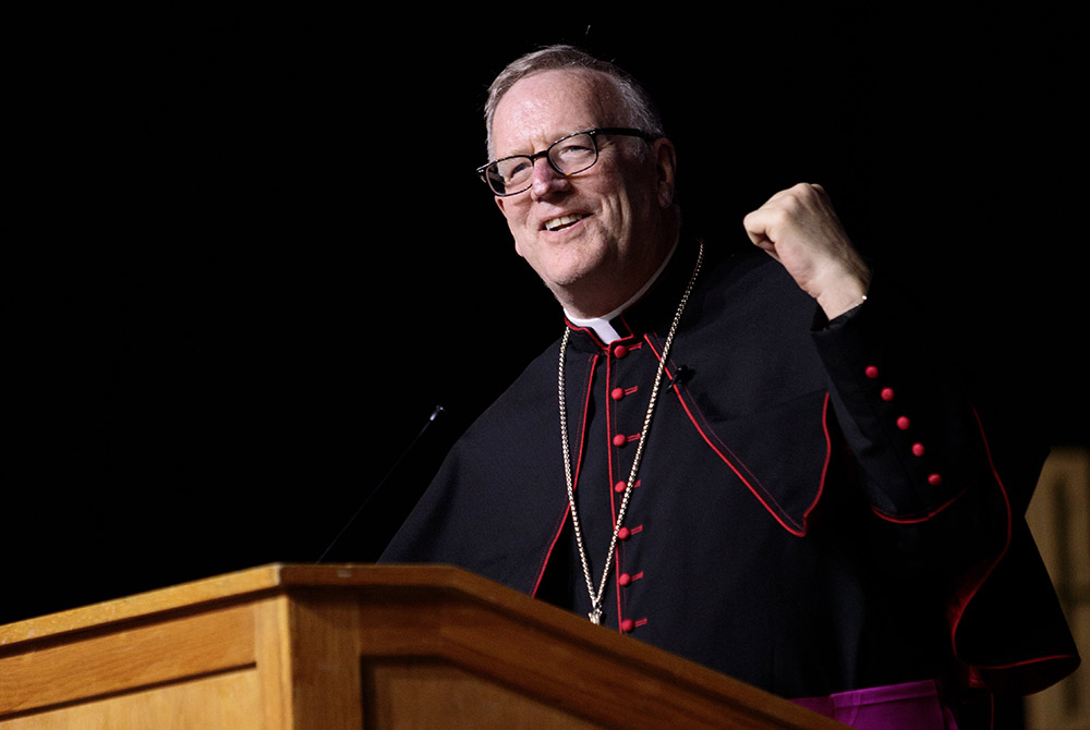 Bishop Robert Barron of Winona-Rochester, Minn., speaks at the Star of the North Eucharistic Congress at the Sanford Center in Bemidji, Minn., May 18, 2024. (OSV News/Courtney Meyer)