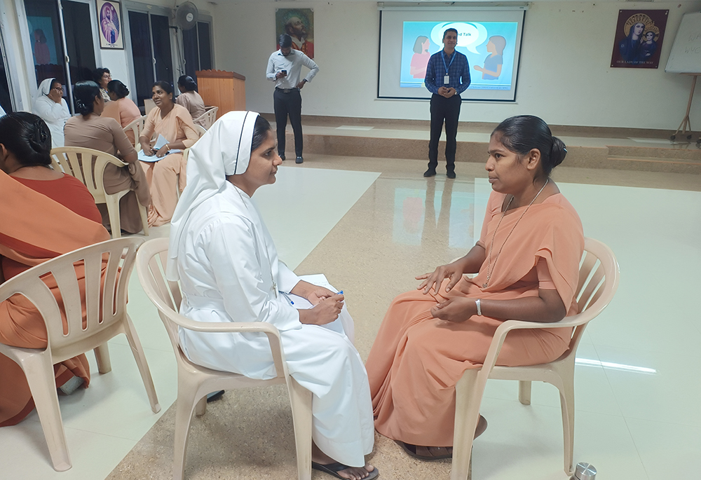 Two nuns practice one-on-one counseling on Nov 16, 2024, at Chennai, southeastern India, as part of the strengthening of religious sisters' mental health. (Courtesy of Molly Mathew)