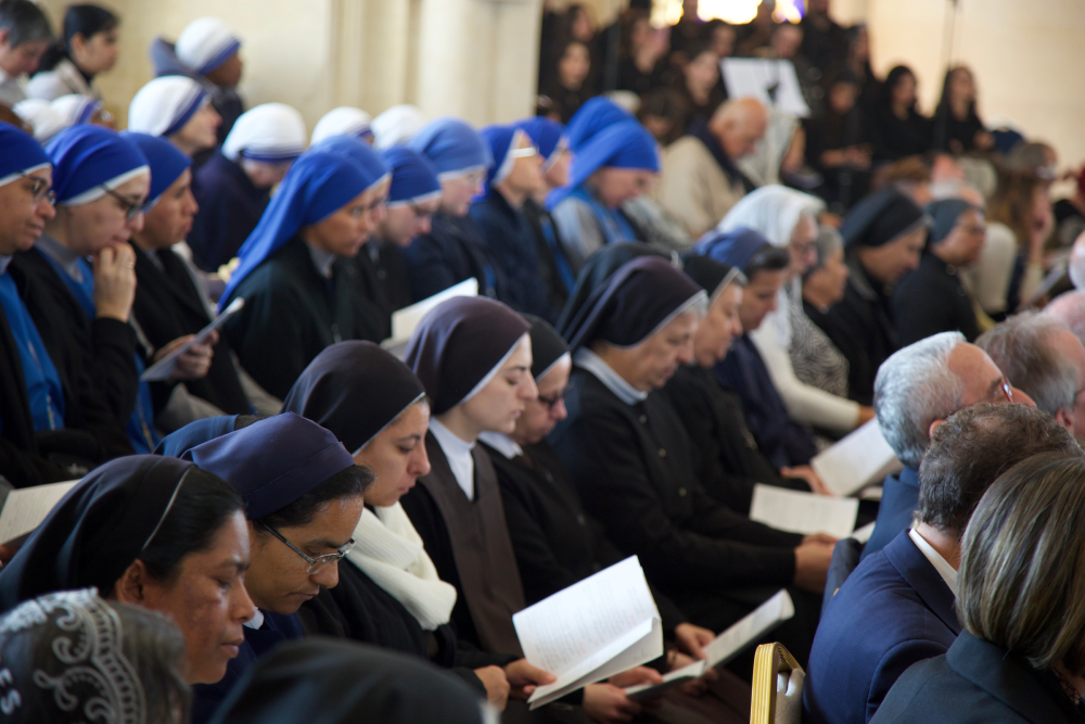 Nuns praying during Iyad Twal's ordination as auxiliary bishop of the Latin Patriarchate of Jerusalem at the Church of the Baptism of Christ in Al-Maghtas, Jordan. (Sophie Constantin)