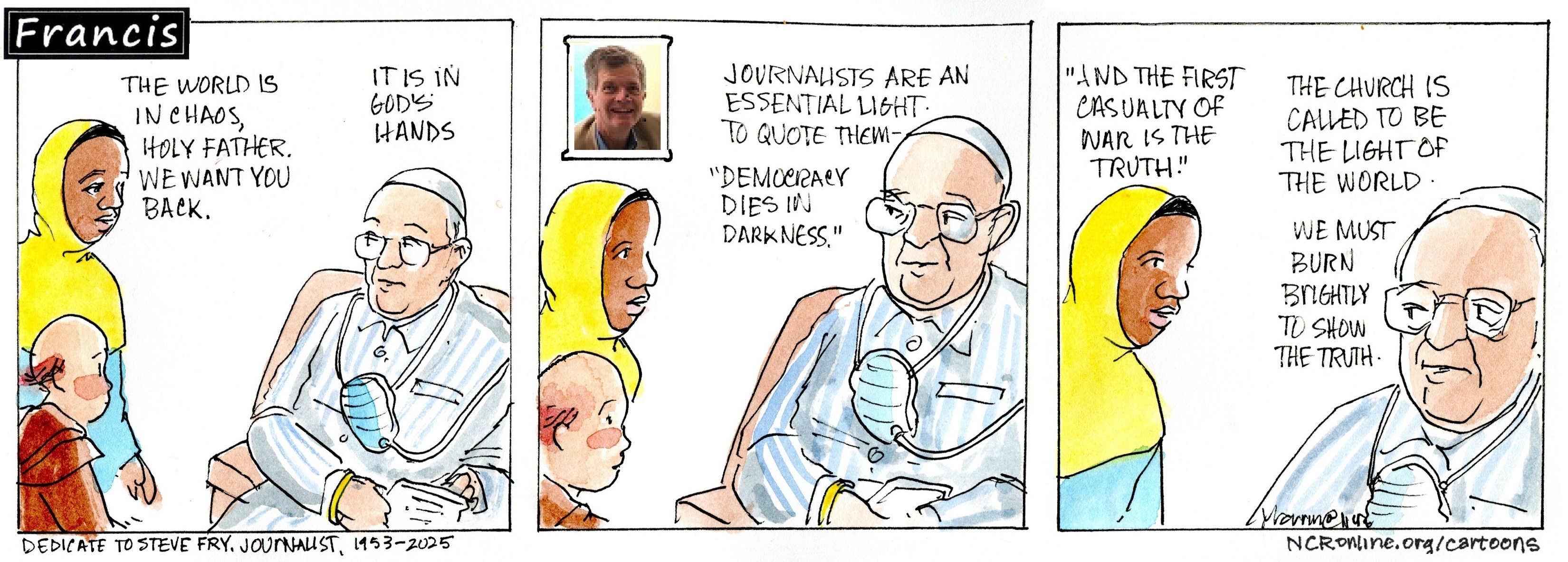 Francis, the comic strip: Francis, Gabby and Brother Leo discuss the importance of being a light in the world. 