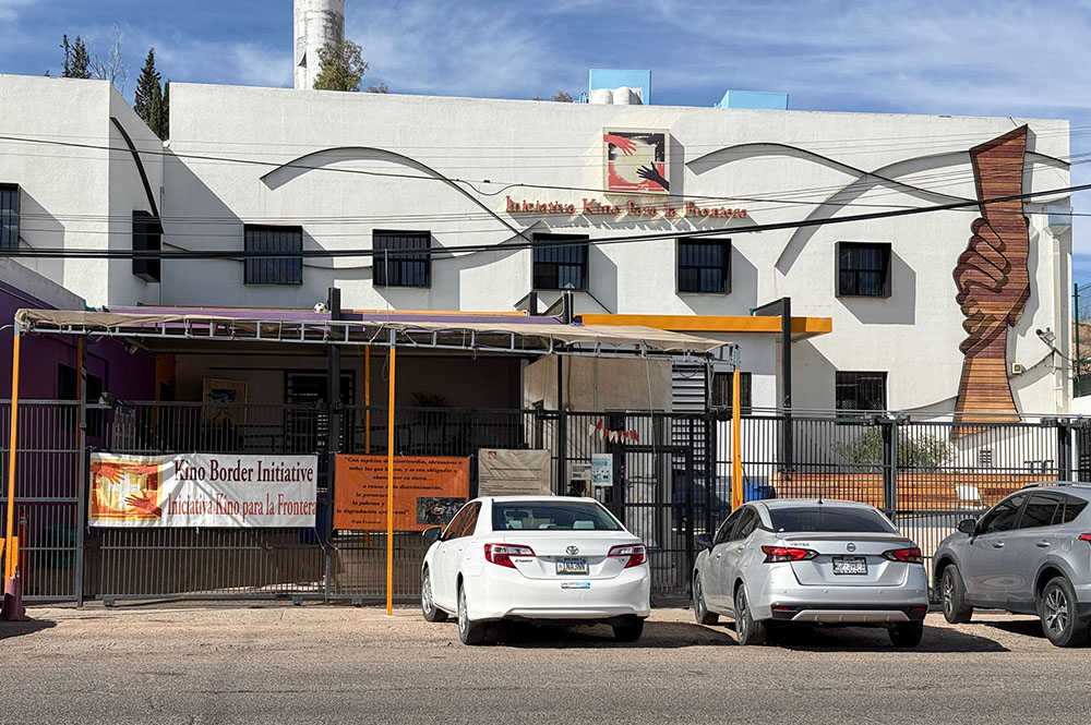 Cars are parked on Feb. 19, 2025, outside the front entrance of the Kino Border Initiative in Nogales, Mexico, just south of the border with Arizona. (Anita Snow)