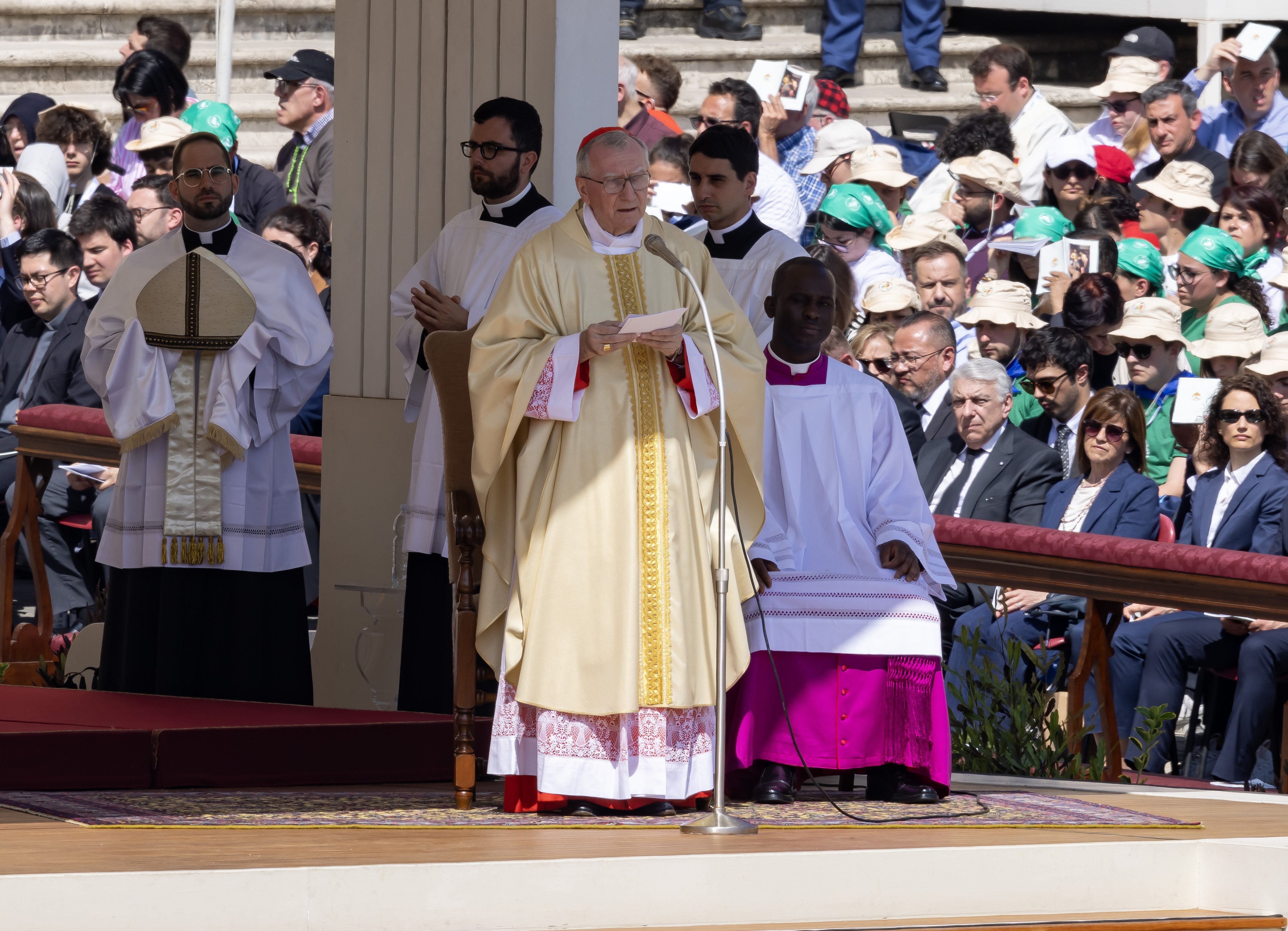 Cardinal Pietro Parolin, former Vatican secretary of state, reads his homily while celebrating Mass on the second day of the second day of the "novendiali" -- nine days of mourning for Pope Francis marked by Masses -- in St. Peter's Square April 27, 2025. (CNS photo/Pablo Esparza)