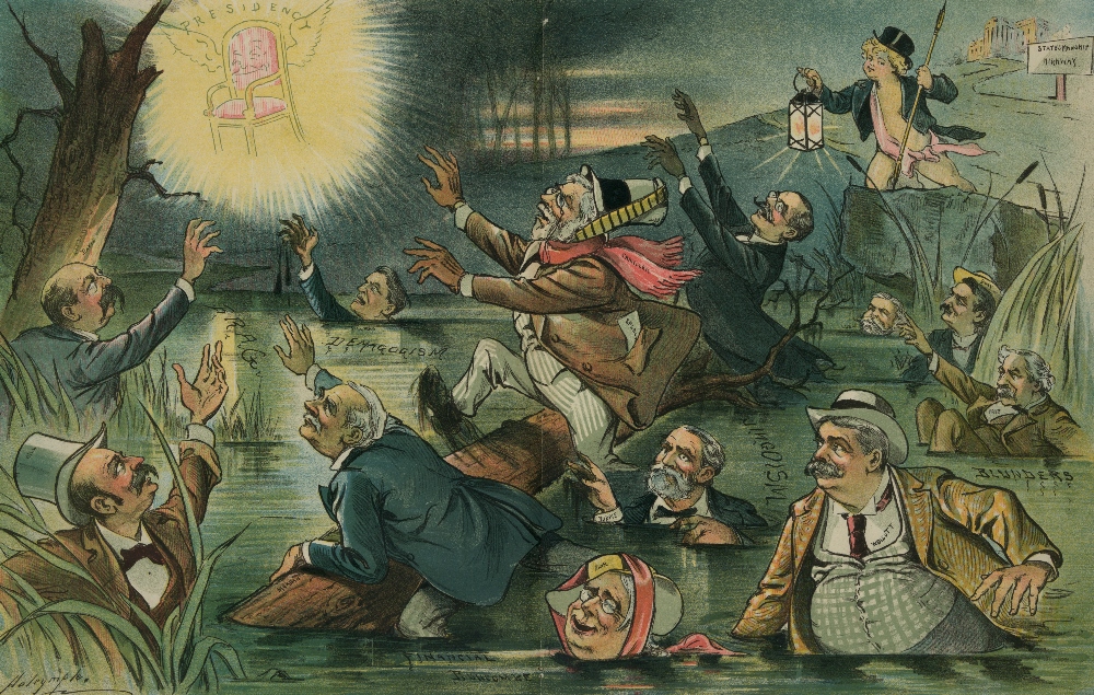 A chromolithograph by Louis Dalrymple in Puck magazine, March 4, 1896, shows presidential hopefuls in a swamp containing "Jingoism," "Blunders" and "Demagogism." (U.S. Library of Congress/Keppler & Schwarzmann)