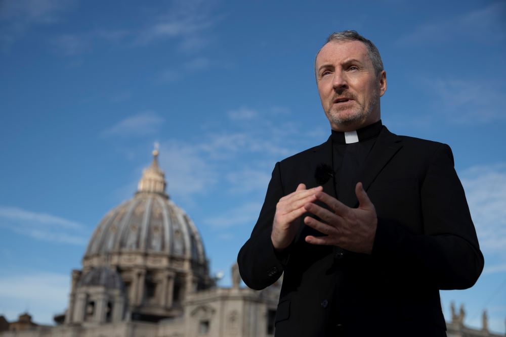 Monsignor John Kennedy, the head of the Congregation for the Doctrine of the Faith discipline section, speaks during an interview on the terrace of the Congregation for the Doctrine of the Faith offices at the Vatican, Dec. 9, 2019. 