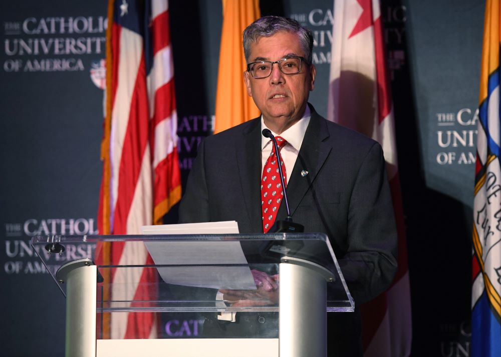 Peter K. Kilpatrick introduces himself to the student body at Catholic University of America in Washington, D.C., March 29. The university's board of trustees selected him as CUA's 16th president. (CNS/Catholic University of America/Patrick G. Ryan)