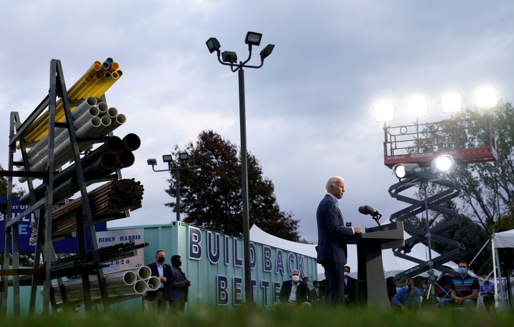 Then-Democratic presidential candidate Joe Biden speaks to members of a plumbers' union in Erie, Pennsylvania, Oct. 10, 2020. (CNS/Reuters/Kevin Lamarque)