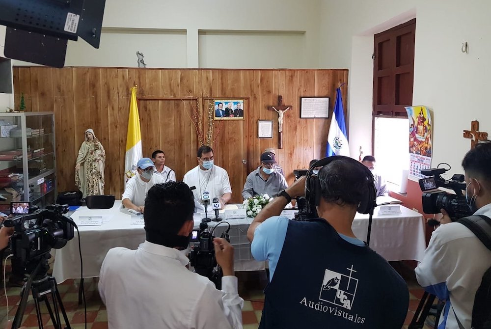 Members of the Diocese of Chalatenango, El Salvador, gather at a news conference Oct. 26, to speak in favor of farmers and families affected by increased government militarization in their region, which borders with Honduras. 