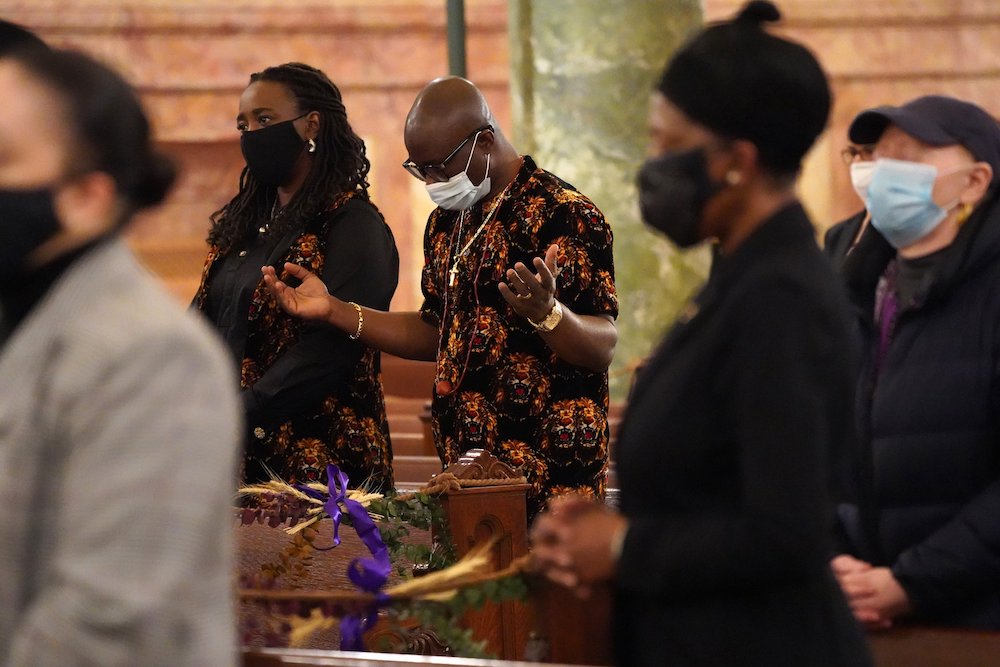 Worshippers pray during a Black History Month Mass of thanksgiving Feb. 28, 2021, at the Co-Cathedral of St. Joseph in Brooklyn, N.Y. The liturgy was sponsored by the Vicariate of Black Catholic Concerns of the Diocese of Brooklyn. (CNS photo/Gregory A. S