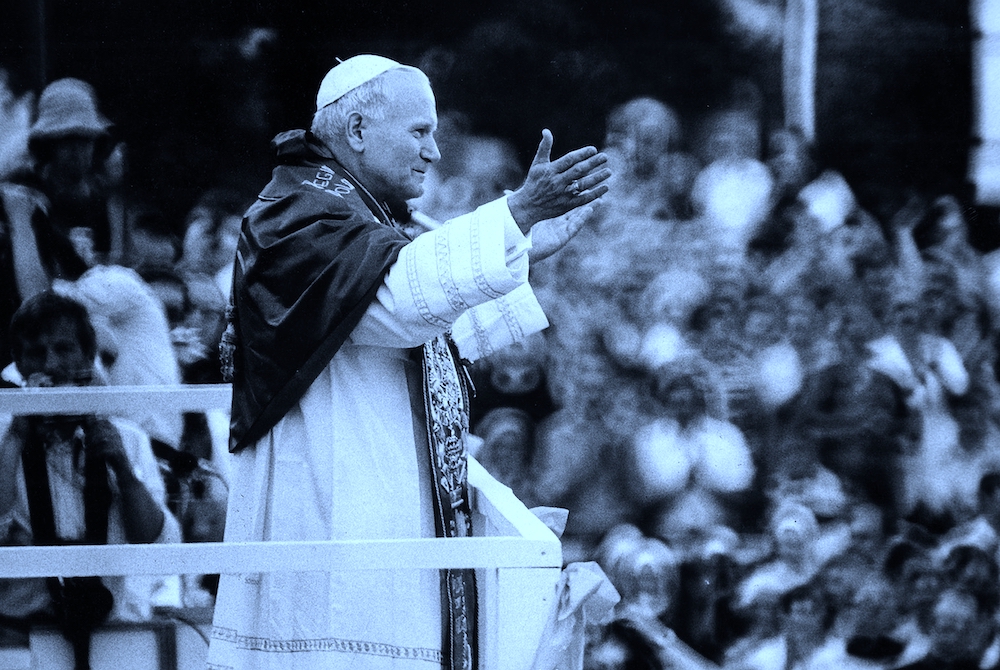 St. John Paul II greets throngs of Poles waiting for a glimpse of their native son at the monaster of Jasna Gora in Czestochowa during his 1979 trip to Poland. He died April 2, 2005. (CNS/Chris Niedenthal)