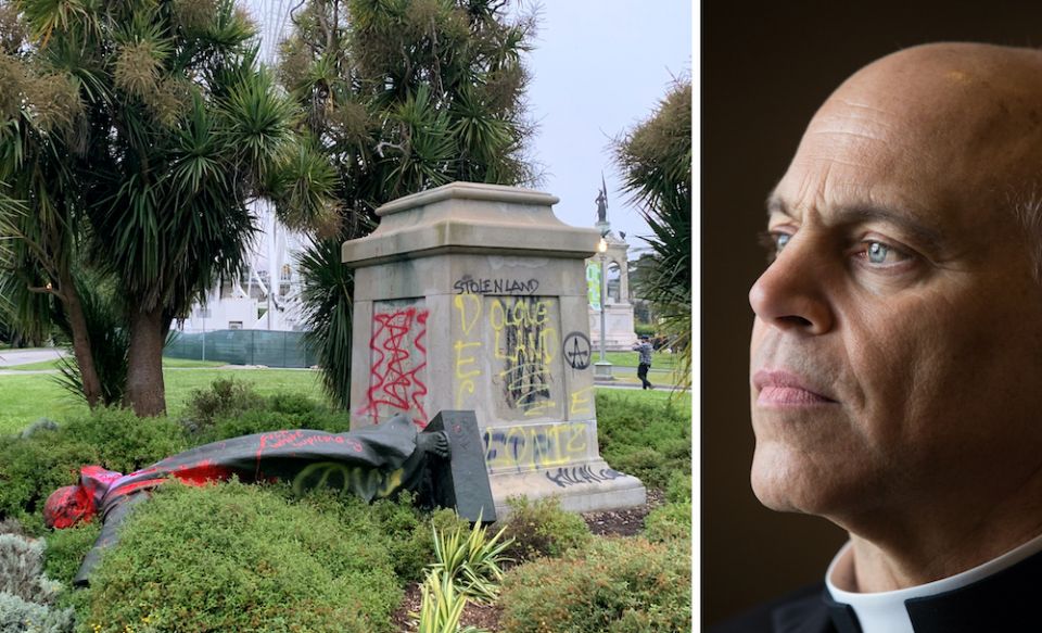 Left: A statue of Junípero Serra statue that was toppled June 19, in Golden Gate Park (CNS/Reuters/David Zandman; Right: San Francisco Archbishop Salvatore Cordileone (CNS/St. Louis Review/Lisa Johnston)