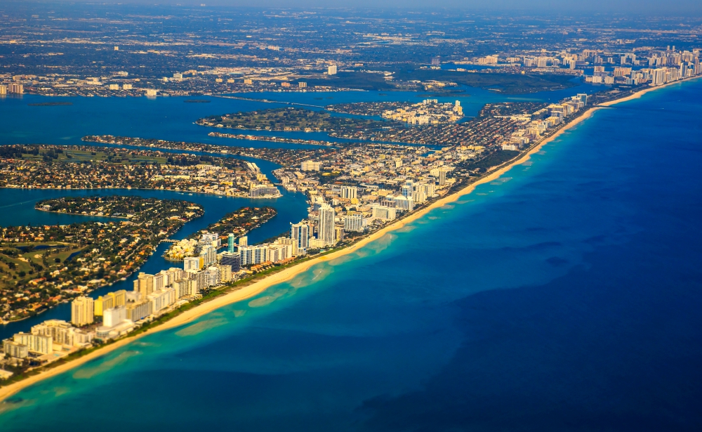 An aerial view of Miami, one of the cities threatened by climate change that is profiled in Jeff Godell’s book "The Water Will Come: Rising Seas, Sinking Cities, and the Remaking of the Civilized World" (Wikimedia Commons/Murray Foubister)