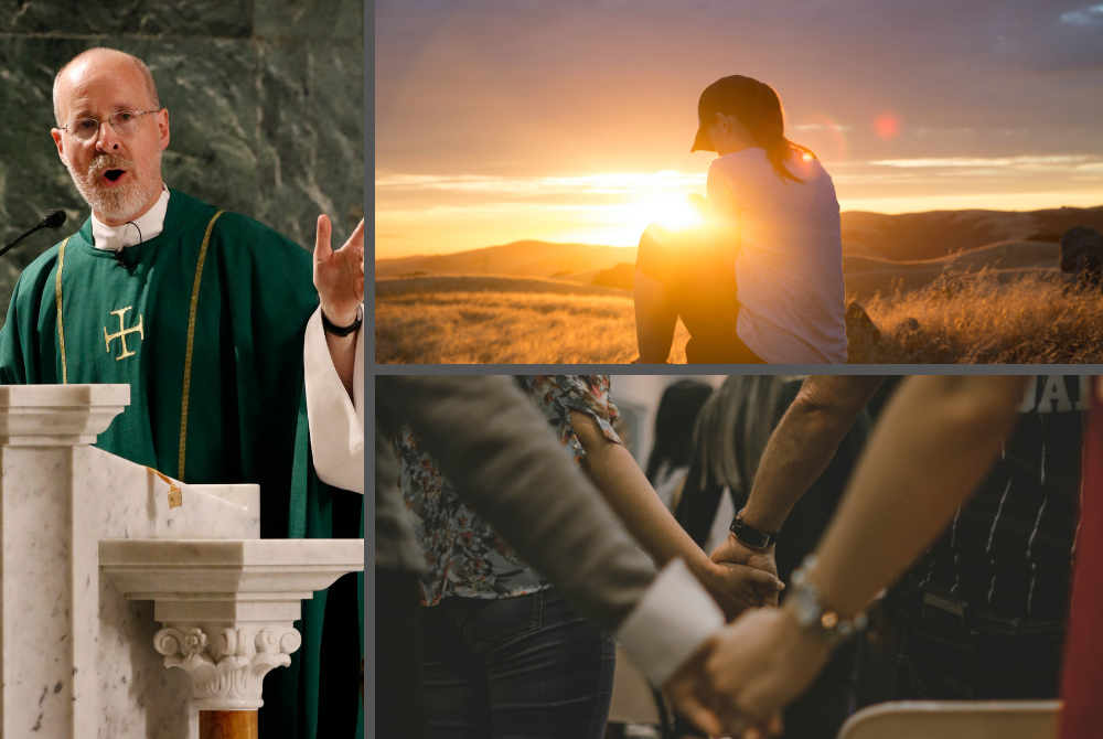 Jesuit Fr. James Martin, left, pictured in a 2019 photo, is the author of the new book "Learning to Pray: A Guide for Everyone." (Photos, clockwise: CNS/Gregory A. Shemitz; Unsplash/Jude Beck; Unsplash/Pedro Dias)