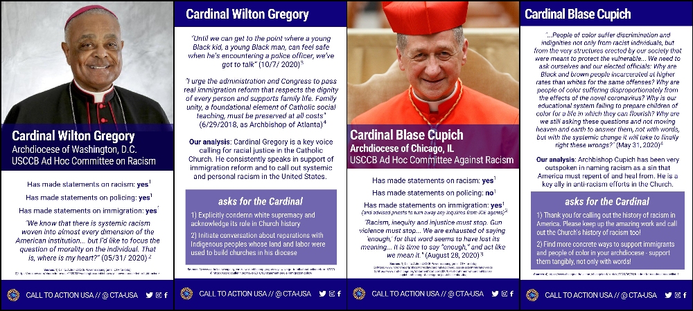 Call to Action's anti-racism scorecards for Cardinals Wilton Gregory of Washington and Blase Cupich of Chicago (Call to Action)