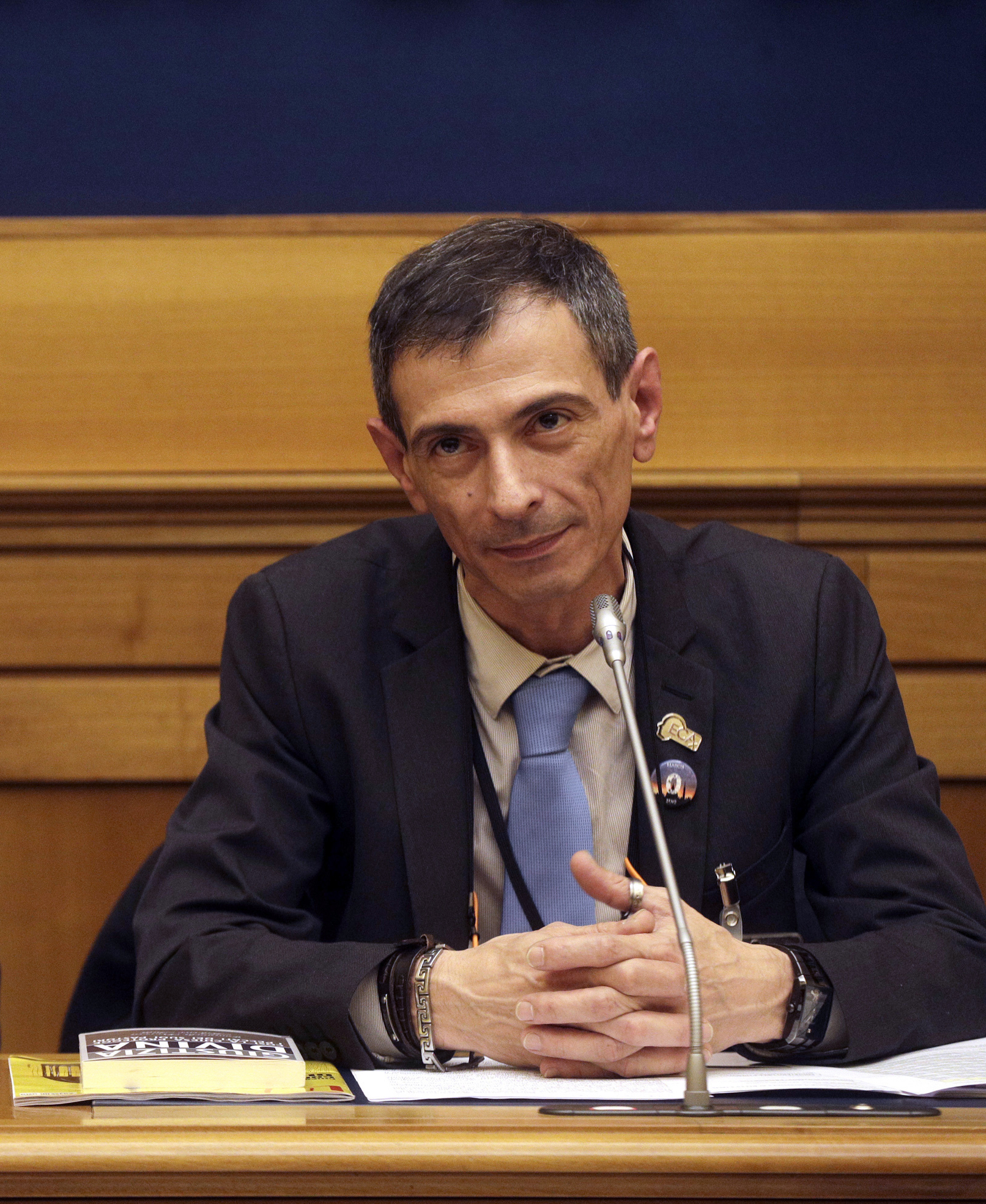 Survivor of sex abuse Francesco Zanardi meets the media during a press conference in Rome, on Feb. 21, 2019. (AP Photo/Gregorio Borgia, File)