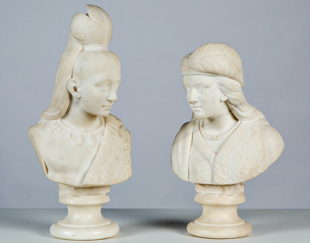 Edmonia Lewis (American, 1844-1907), "Hiawatha" (1868), marble, and "Minnehaha" (1868), marble (Utah Museum of Fine Arts)