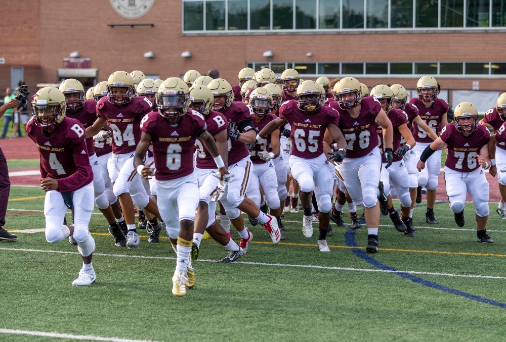 The varsity football team of Brebeuf Jesuit Preparatory School in Indianapolis at an Aug. 16 game (Michael Hoffbauer Photography)