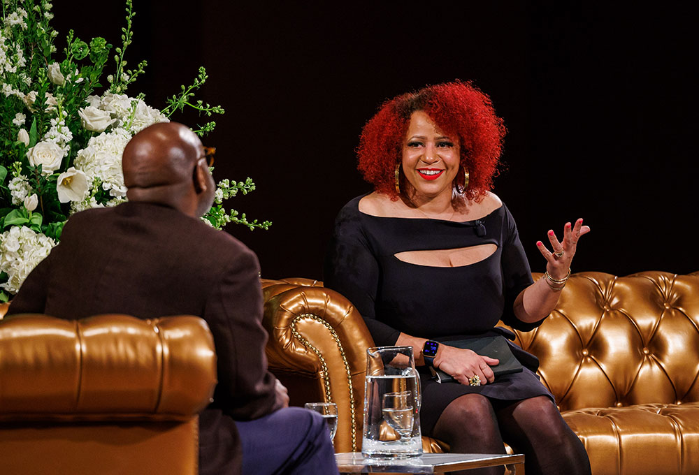 Journalist Nikole Hannah-Jones speaks at the University of Notre Dame in Notre Dame, Indiana, March 15. Mark Sanders, a professor of English and Africana studies, is at left. (University of Notre Dame/Peter Ringenberg)