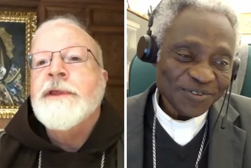 Boston Cardinal Sean O'Malley, left, the only American on the pope's advisory Council of Cardinals, and Cardinal Peter Turkson, who leads the Vatican's Dicastery for Promoting Integral Human Development, appear in screenshots from a March 18 webinar. (NCR