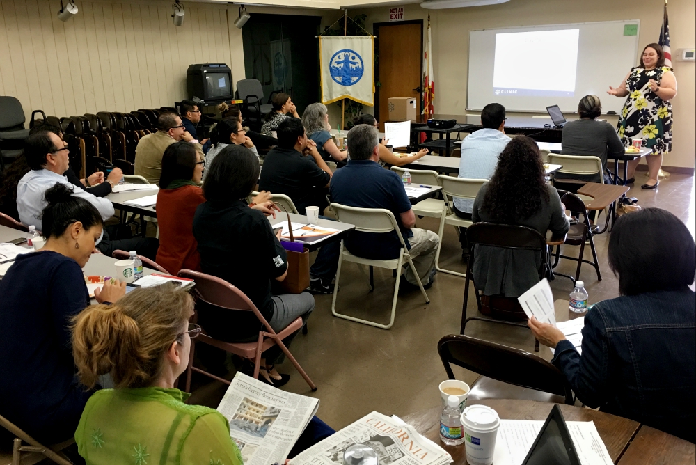 Michelle Sardone speaks to a group at Catholic Charities of Orange County, California, Nov. 17, 2016. (Courtesy of CLINIC)