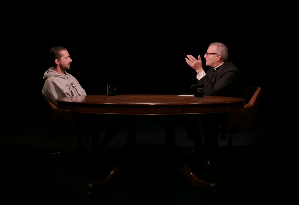 Actor Shia LaBeouf speaks with Bishop Robert Barron of the Diocese of Winona-Rochester, Minnesota, during "Bishop Barron Presents." (YouTube screenshot/Bishop Robert Barron)