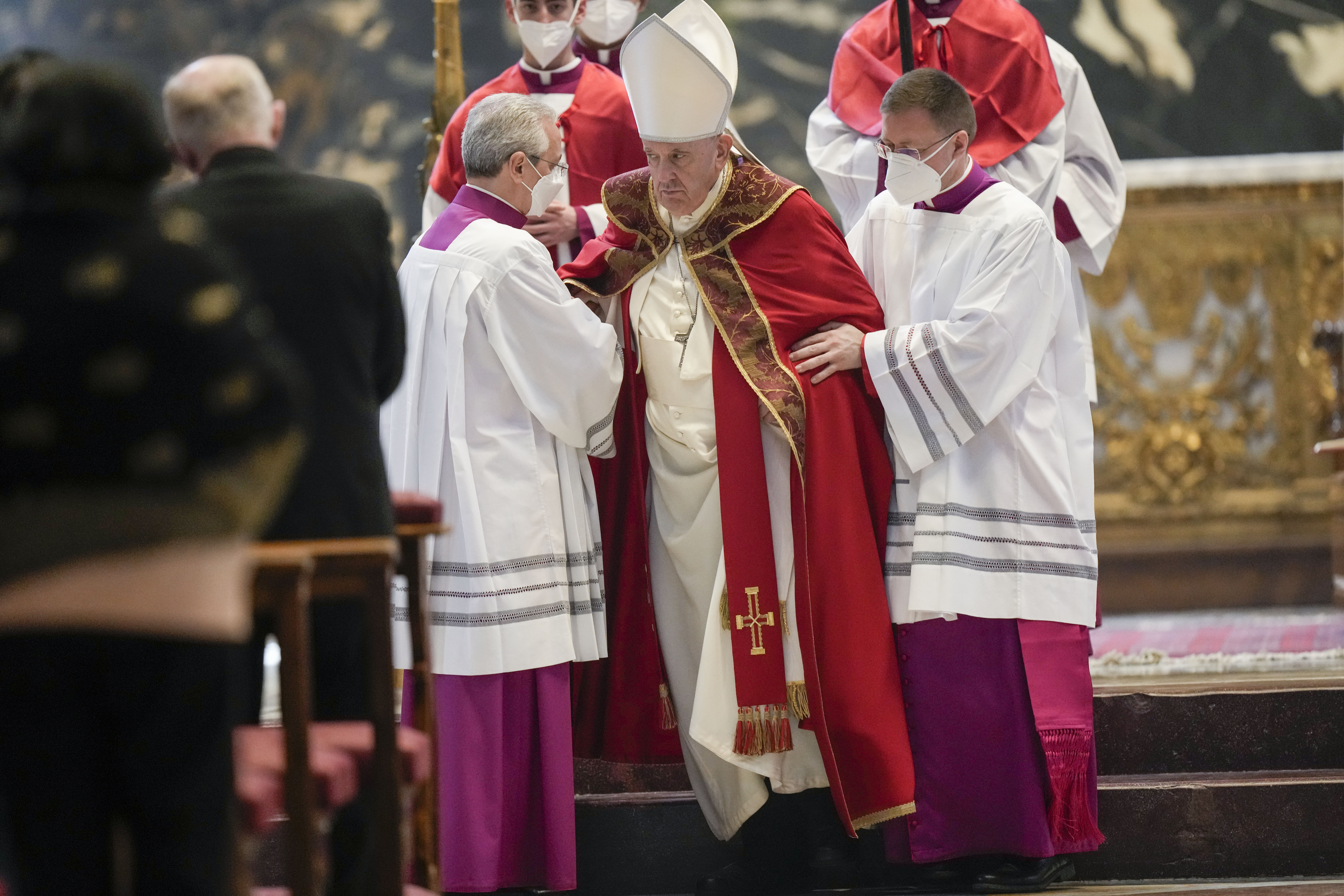 Pope Francis leaves after he presided over the funeral of Cardinal Javier Lozano Barragan, in St.Peter's Basilica at the Vatican, Monday, April 25, 2022. (AP Photo/Andrew Medichini)