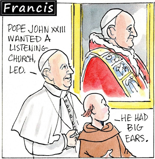 Francis, the comic strip: Francis and Brother Leo talk about how to be a listening church.