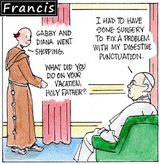 Francis, the comic strip: Brother Leo questions Francis about his recent surgery