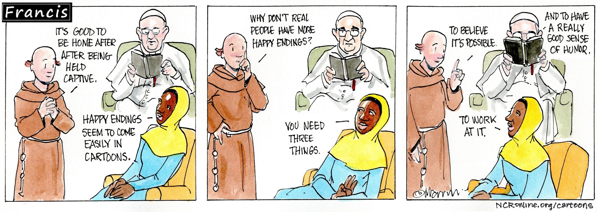 Francis, the comic strip: It's a happy ending — Leo is home after being held captive!