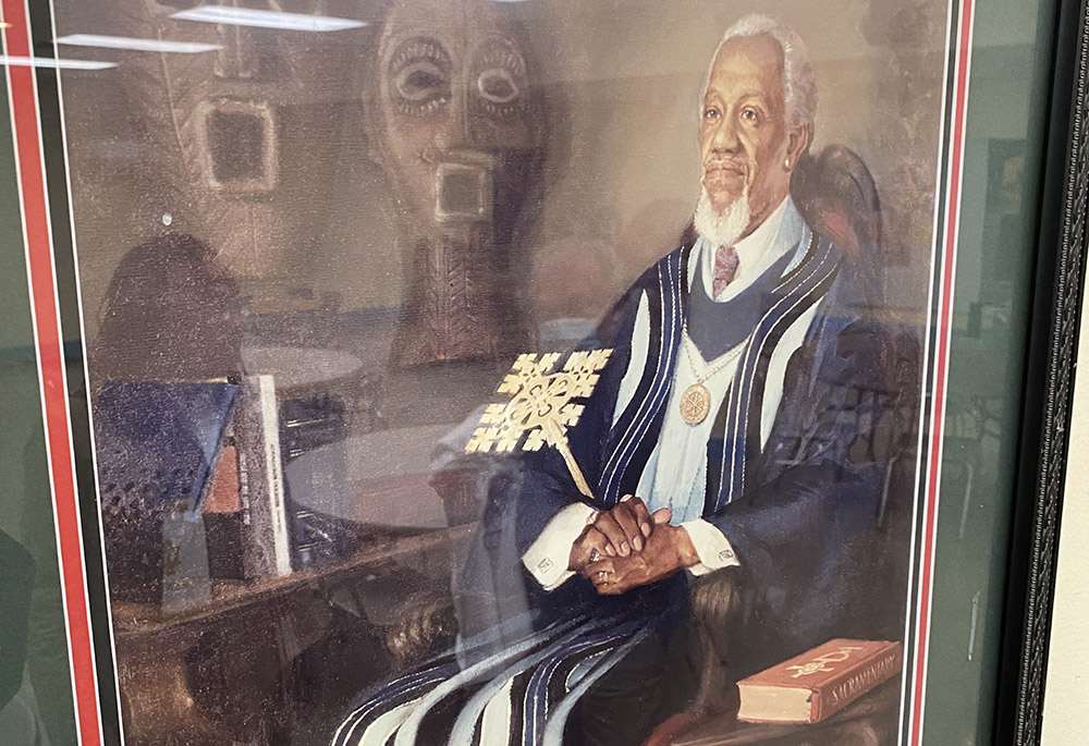 A painting of Fr. Clarence Joseph Rivers is pictured at St. Joseph Catholic Church in Cincinnati, where he served as associate pastor and where he began composing music. (Courtesy of Emily Strand)