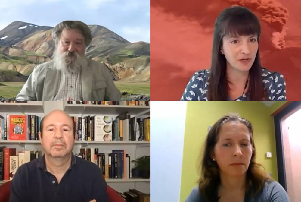 Panelists participate in "Solar Geoengineering: Warnings from Scientists, Indigenous Peoples, Youth, and Climate Activists," a June 9 webinar. From top left: Raymond Pierrehumbert of the University of Oxford; Lili Fuhr, panel moderator and head of the Hei