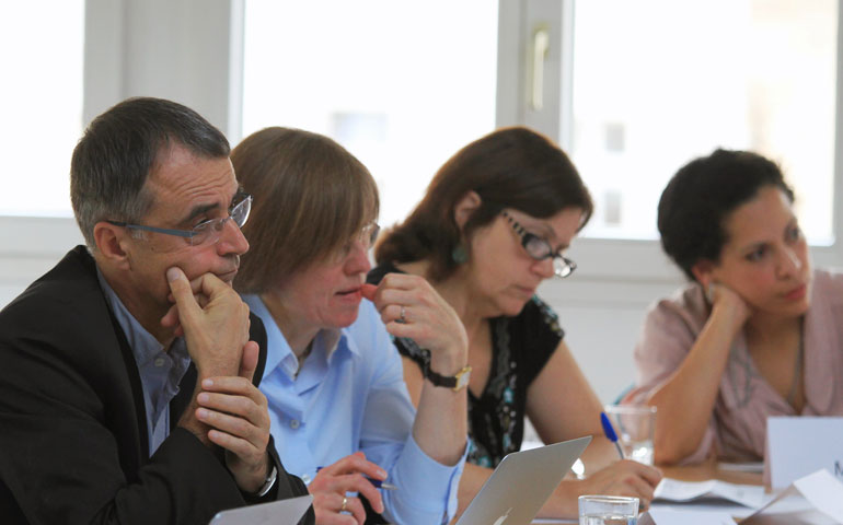 Among the attendees of a June 27-29 theological conference in Berlin were, from left: Fr. Philipe Bordeyne, rector of the Catholic University of Paris; Marianne Heimbach-Steins, a professor of moral theology at the University of Vienna; Toni Ross, administrator of the theology department at Boston College; and M.T. Davila, assistant professor of Christian ethics at the Andover Newton Theological School in Boston. (Photos by Jesuit Fr. Yiu Sing Lucas Chan)