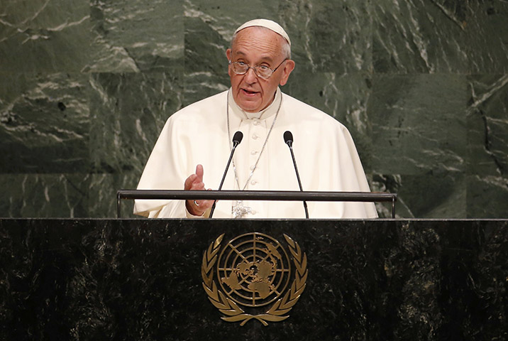 Pope Francis addresses the General Assembly of the United Nations in New York Sept. 25. (CNS photo//Mike Segar, Reuters)