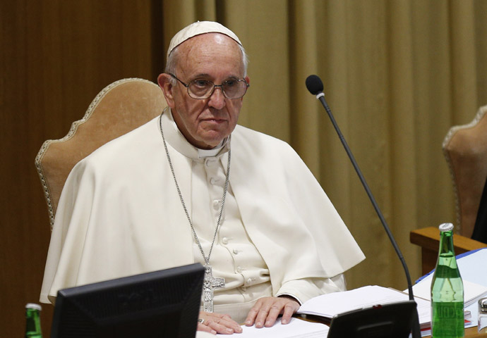 Pope Francis looks on at the start of a session of the Synod of Bishops on the family at the Vatican Oct. 22. (CNS/Paul Haring)