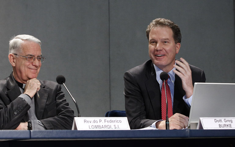 Jesuit Fr. Federico Lombardi and Greg Burke in a 2012 file photo. (CNS/Paul Haring) 