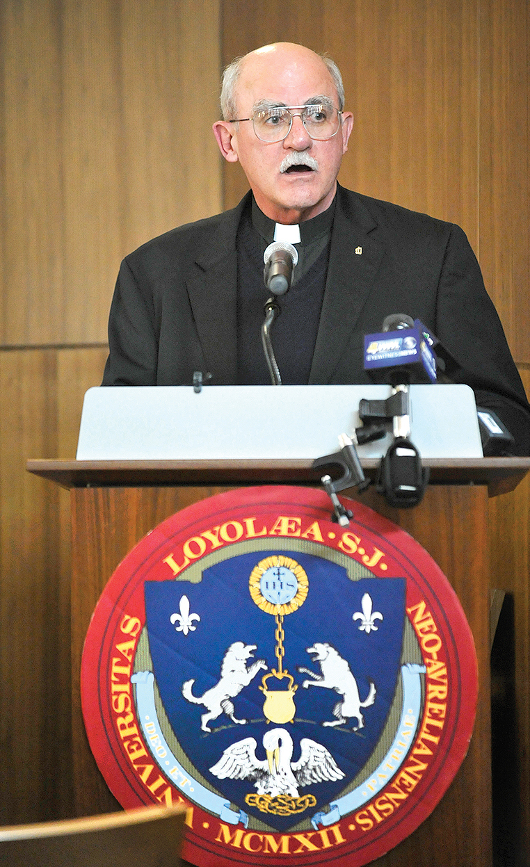 Jesuit Father Fred Kammer, executive director of the Jesuit Social Research Institute, discusses the JustSouth Index measuring social justice indicators in every state at a March 17 news conference at Loyola University New Orleans. (CNS/Peter Finney Jr., Clarion Herald)