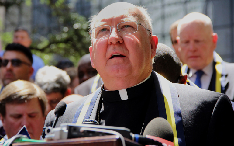 Bishop Kevin J. Farrell of the Diocese of Dallas speaks during an interfaith prayer vigil at Thanksgiving Square in Dallas July 8. (CNS/Rebecca Kirstin Patton, The Texas Catholic)